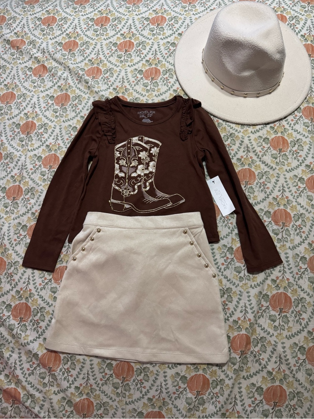 Rachel Zoe Girls 3-Piece Outfit Set Size 4 Brown Western Top Skirt Hat NWT